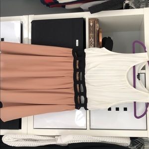 white beige and black evening dress